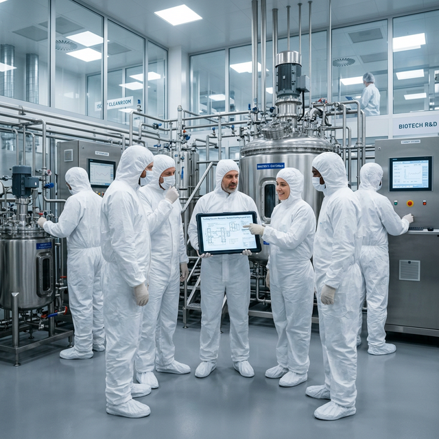 Modern biotech facility showcasing turnkey solutions for the pharmaceutical and healthcare sectors with professional engineers